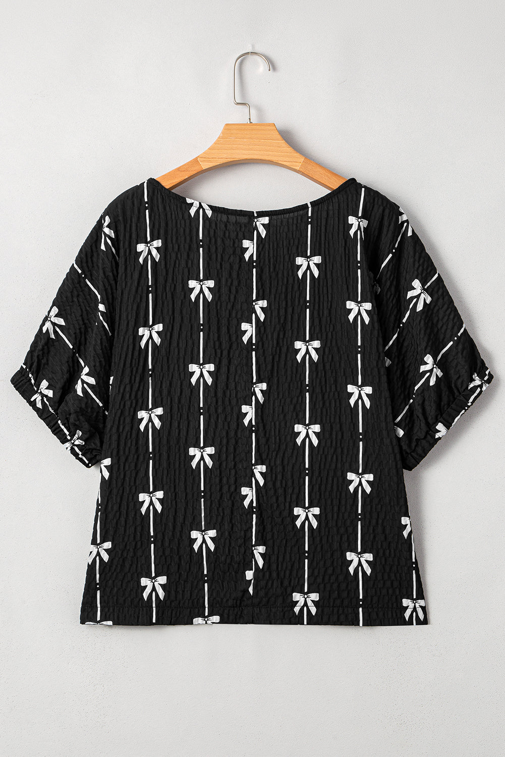 Beige Bow Print Puff Sleeve Blouse Casual Top