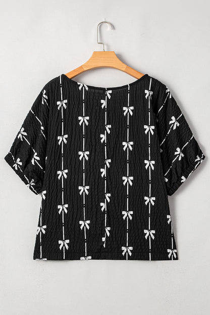 Beige Bow Print Puff Sleeve Blouse Casual Top