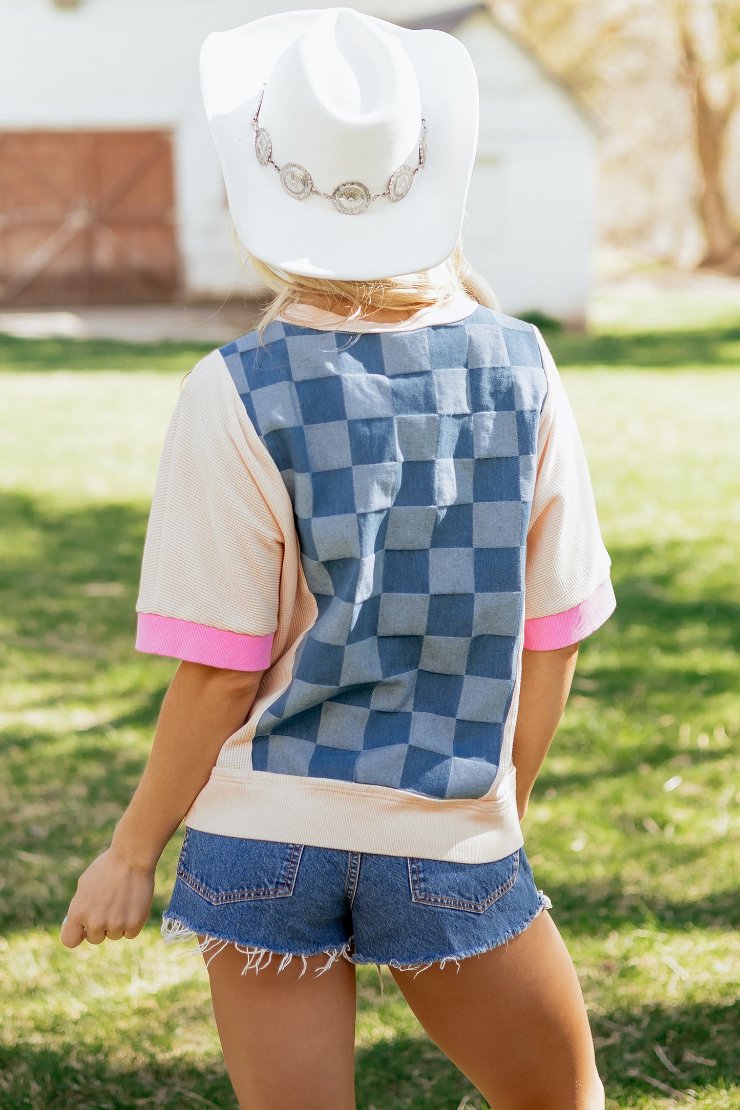Blue Checkerboard Patchwork Short Sleeve Loose Fit Top