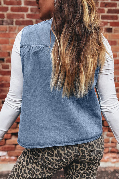 Washed Denim Ruffle Panel Babydoll Sleeveless Top