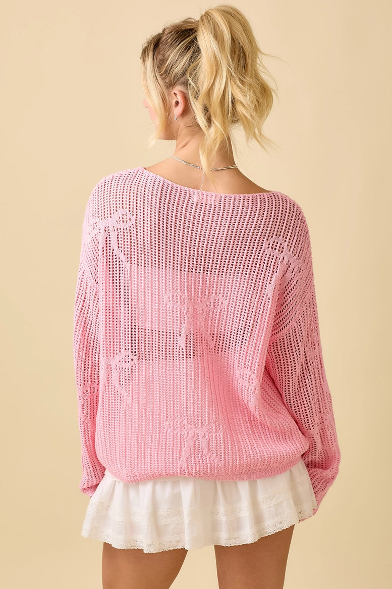 Lightweight Crochet Knit Boat Neck Sweater Top Pink