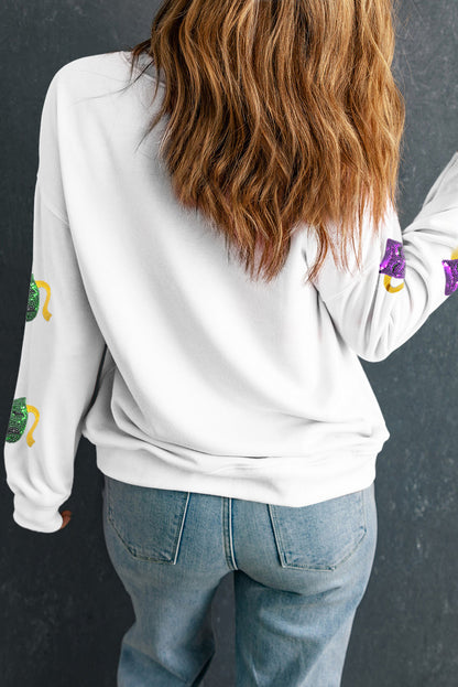White Sequined Mardi Gras Mask Drop Shoulder Sweatshirt