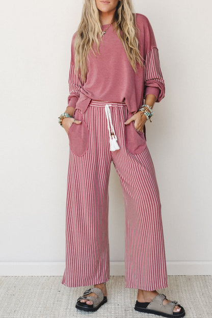 Women’s Stripe 2 Piece Lounge Set Long Sleeve Top Wide Leg Pants