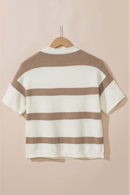 Khaki Stripe Lightweight Knit Short Sleeve Top