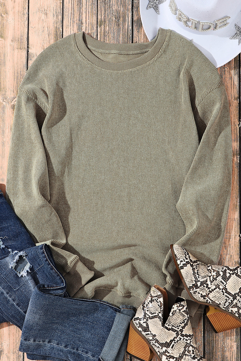 Black Ribbed Knit Crew Neck Oversized Sweatshirt