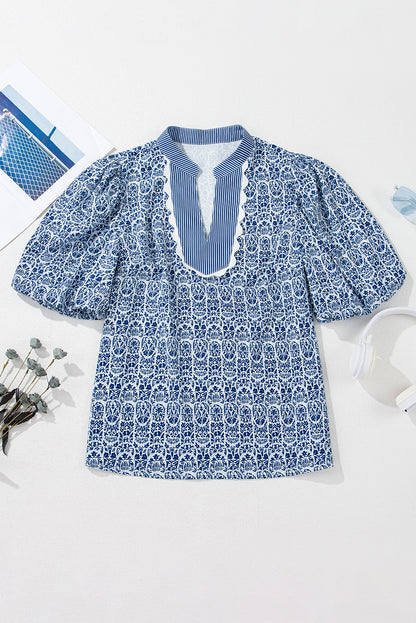 Blue Floral Contrast Puff Sleeve Notch Neck Top