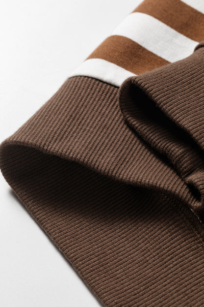 Brown Stripe Henley Button Placket Colorblock Sweatshirt Top
