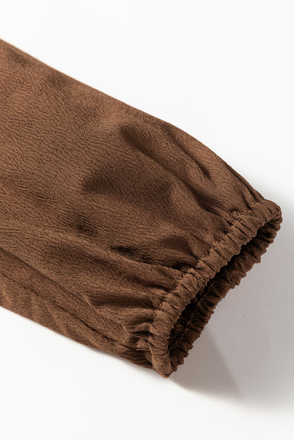 Chestnut Solid Long Sleeve Button V Neck Tiered Maxi Dress