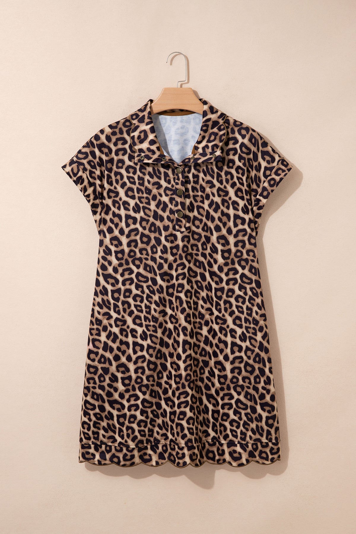 Leopard Print V Neck Mini Dress Loose Short Sleeve