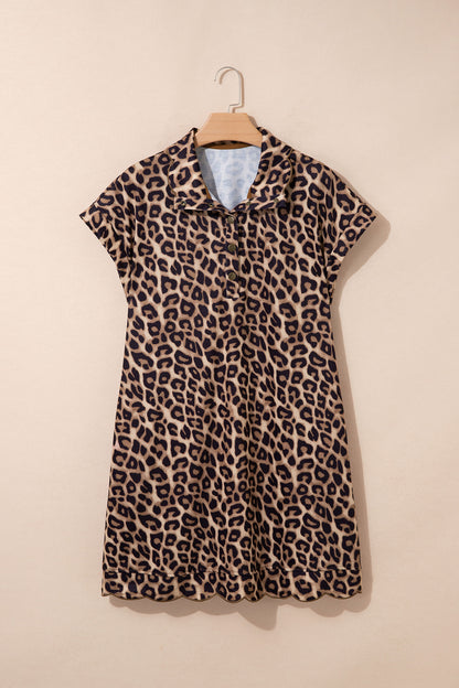 Leopard Print V Neck Mini Dress Loose Short Sleeve