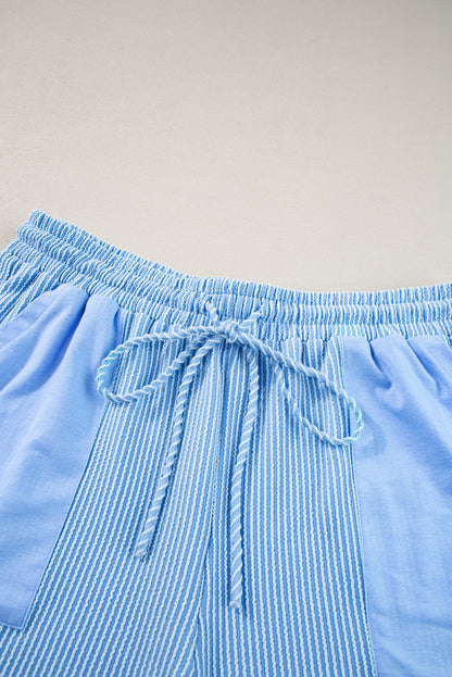 Light Blue Plus Size Ribbed Long Sleeve Top and Drawstring Shorts Set