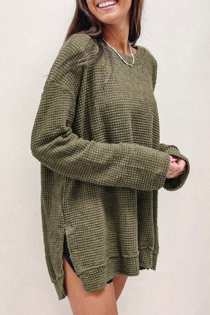 Black Waffle Knit Oversized Top with Side Slits