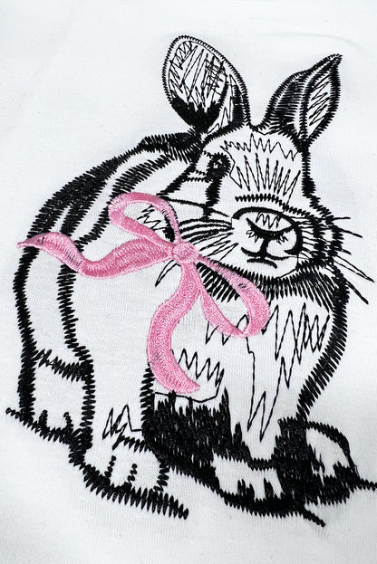 Easter Bunny Bow Embroidered White Casual Graphic Tee