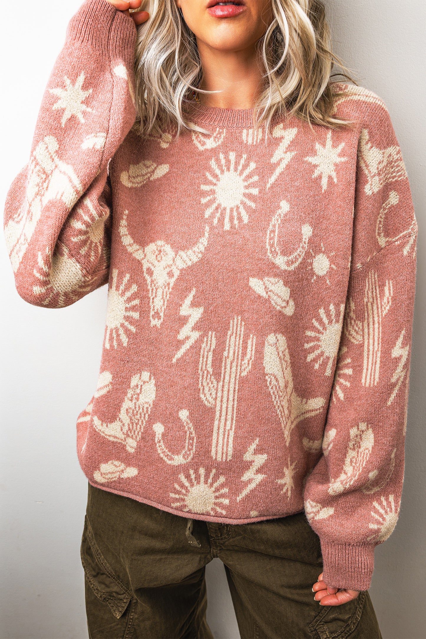 Western Celestial Print Oversized Crew Neck Sweater