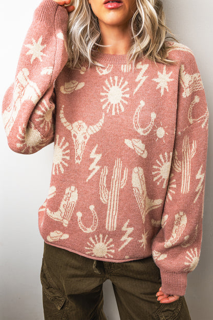 Western Celestial Print Oversized Crew Neck Sweater