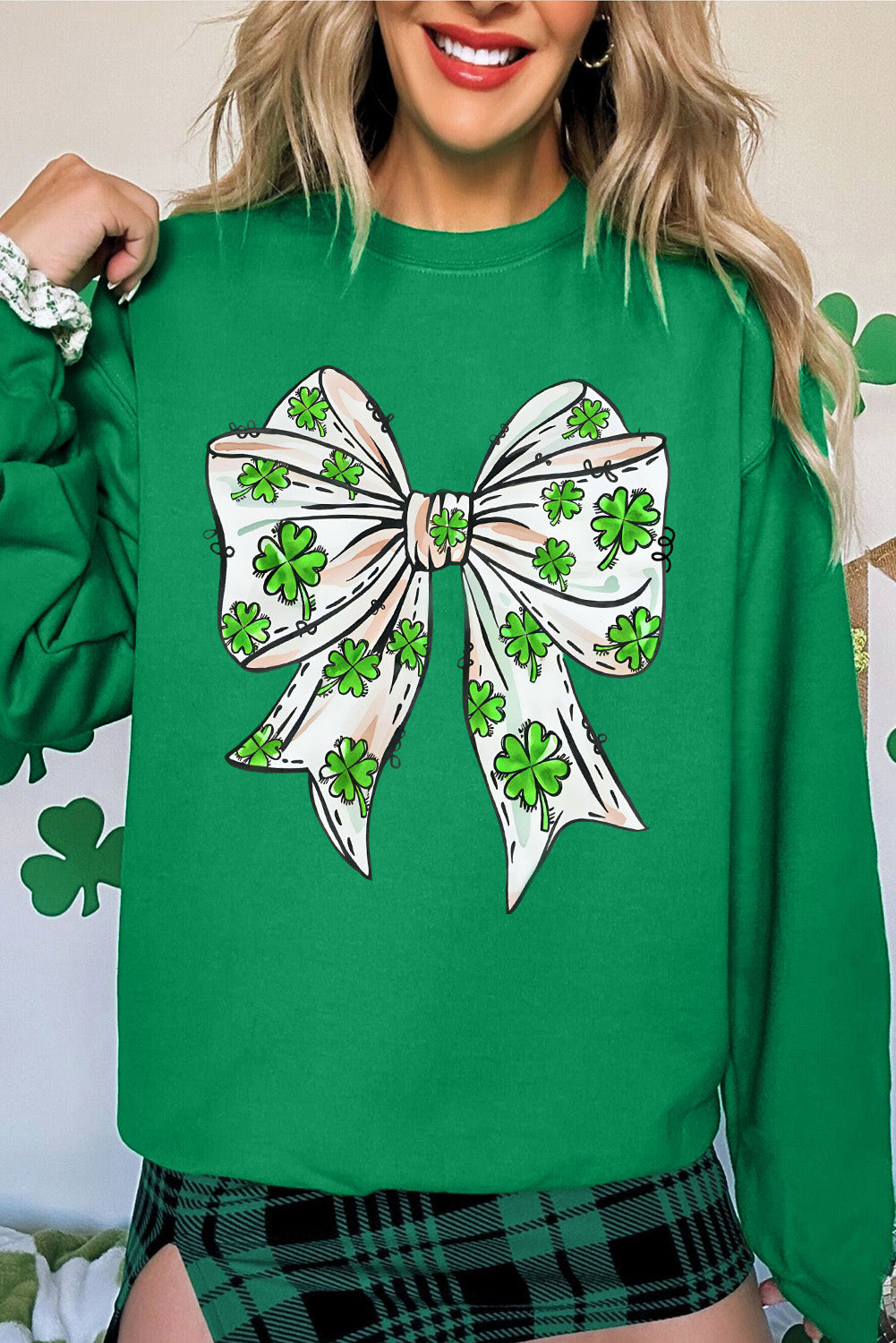 Dark Green Clover Bow St Patrick’s Drop Shoulder Sweatshirt