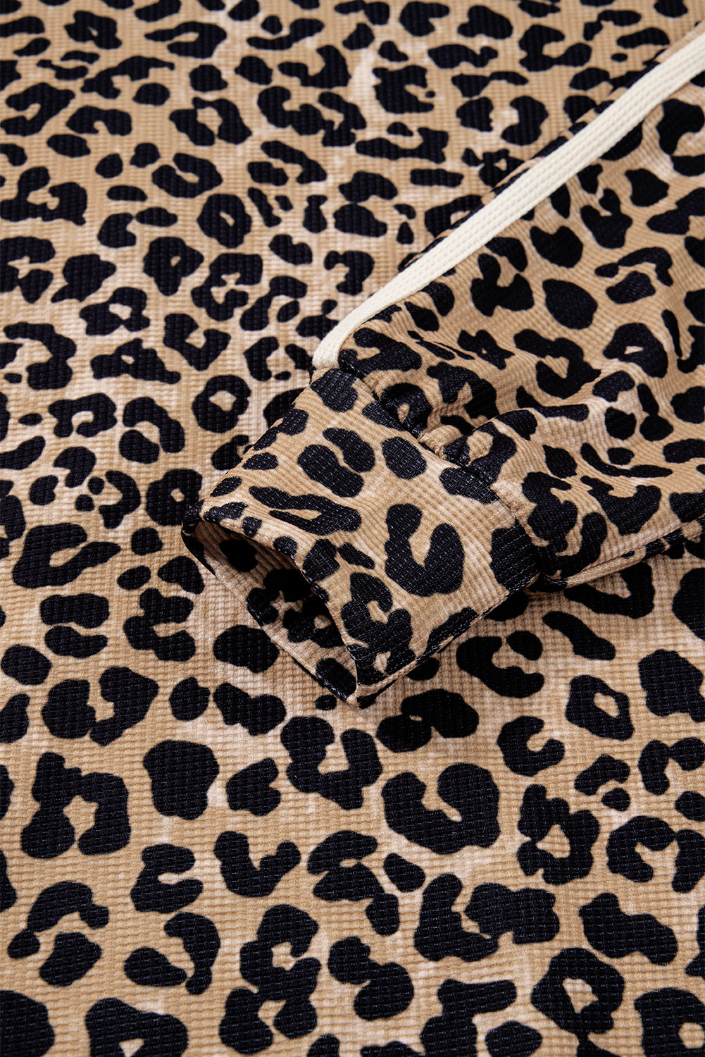 Leopard Print Waffle Knit Contrast Hoodie with Kangaroo Pocket