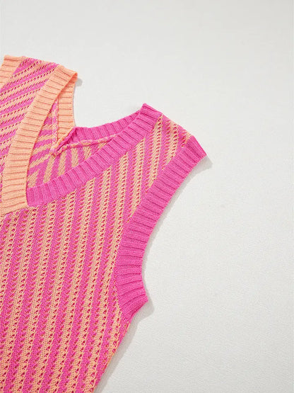 Color Block Chevron Knit Sweater Vest V Neck Top