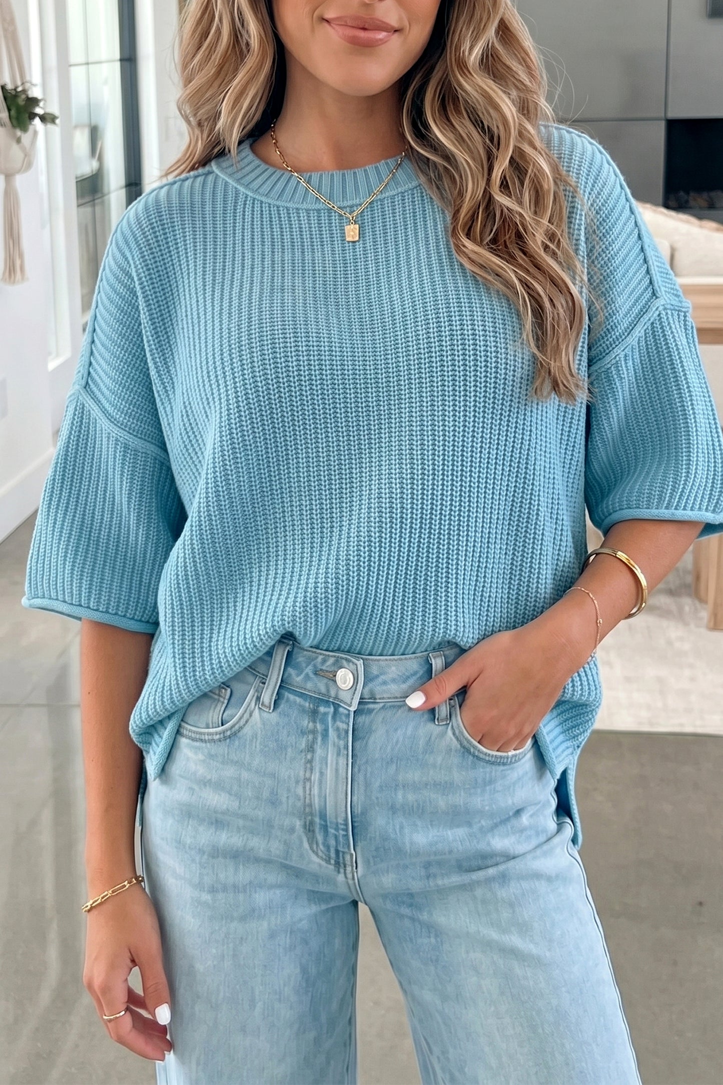 Mist Blue Waffle Knit Oversized Half Sleeve Sweater Top
