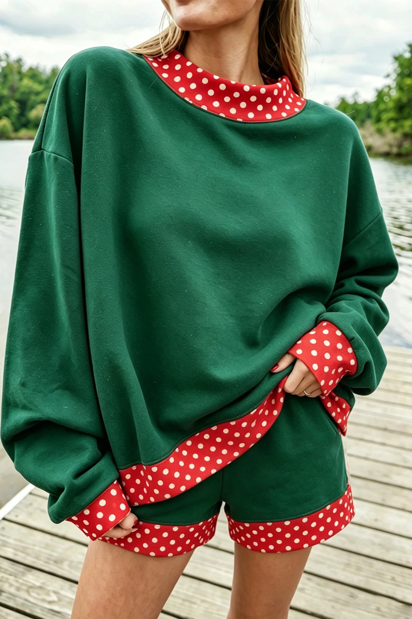 Red Gingham Trim Sweatshirt Shorts Two Piece Set