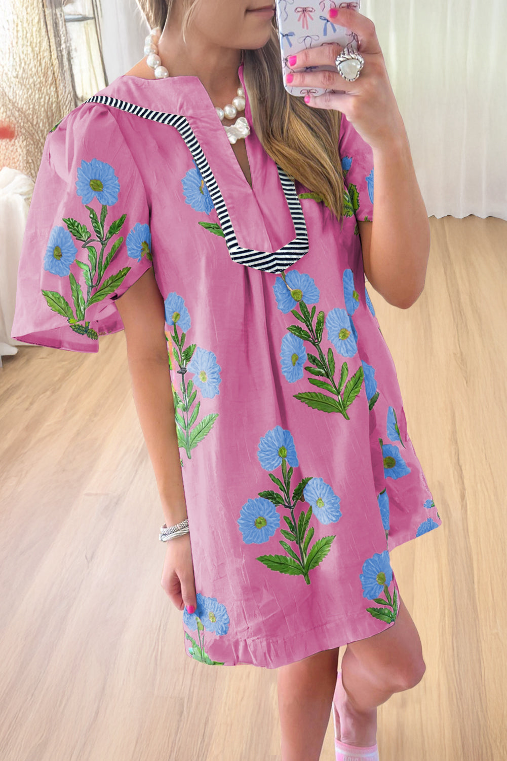 Easter Floral Split Neck Short Sleeve Mini Dress