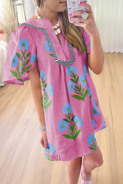 Easter Floral Split Neck Short Sleeve Mini Dress