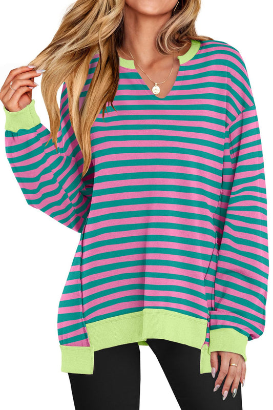 Bold Striped V-Neck Sweatshirt with Neon Contrast Trim