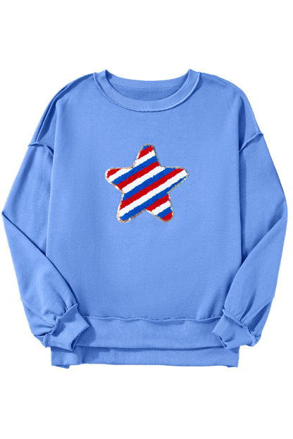 Sky Blue Sequin Trim Embroidered Star USA Pattern Sweatshirt