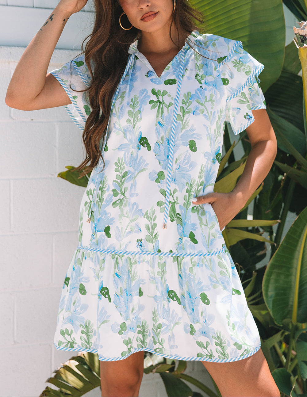 Sky Blue Floral Ruffle Sleeve Tie Neck Mini Dress
