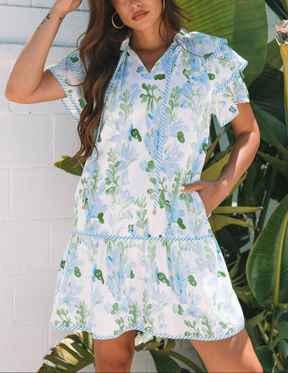 Sky Blue Floral Ruffle Sleeve Tie Neck Mini Dress