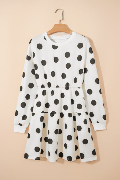 Pink Polka Dot Long Sleeve Tiered Mini Dress