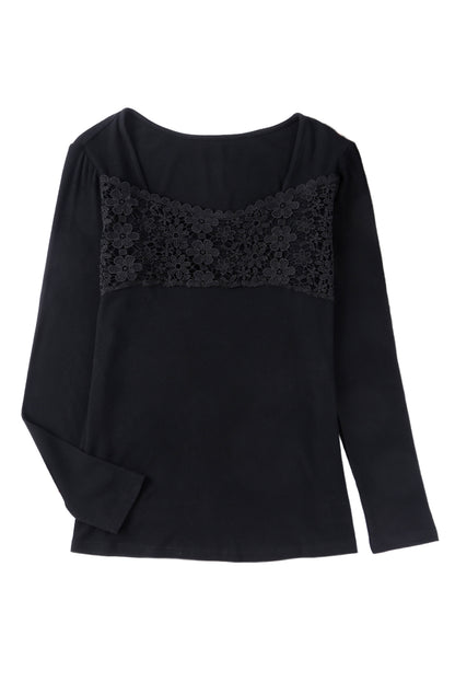 Black Lace Crochet V Neck Long Sleeve Top