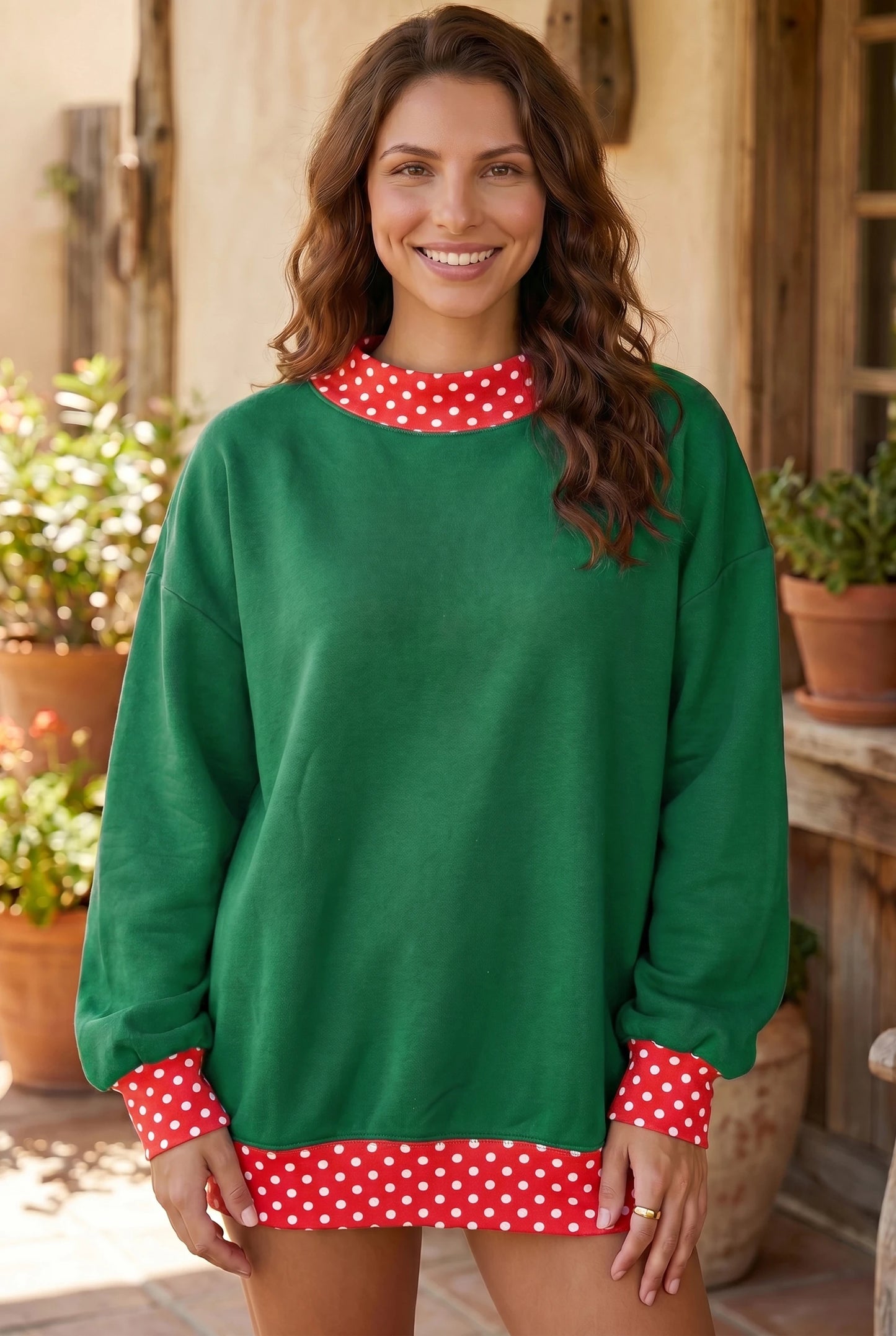 Red Polka Dot Trim Oversized Colorblock Sweatshirt