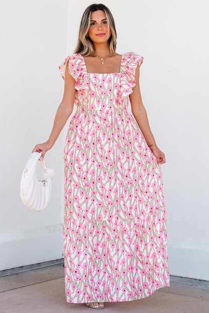 Pink Floral Square Neck Ruffle Sleeve Maxi Dress