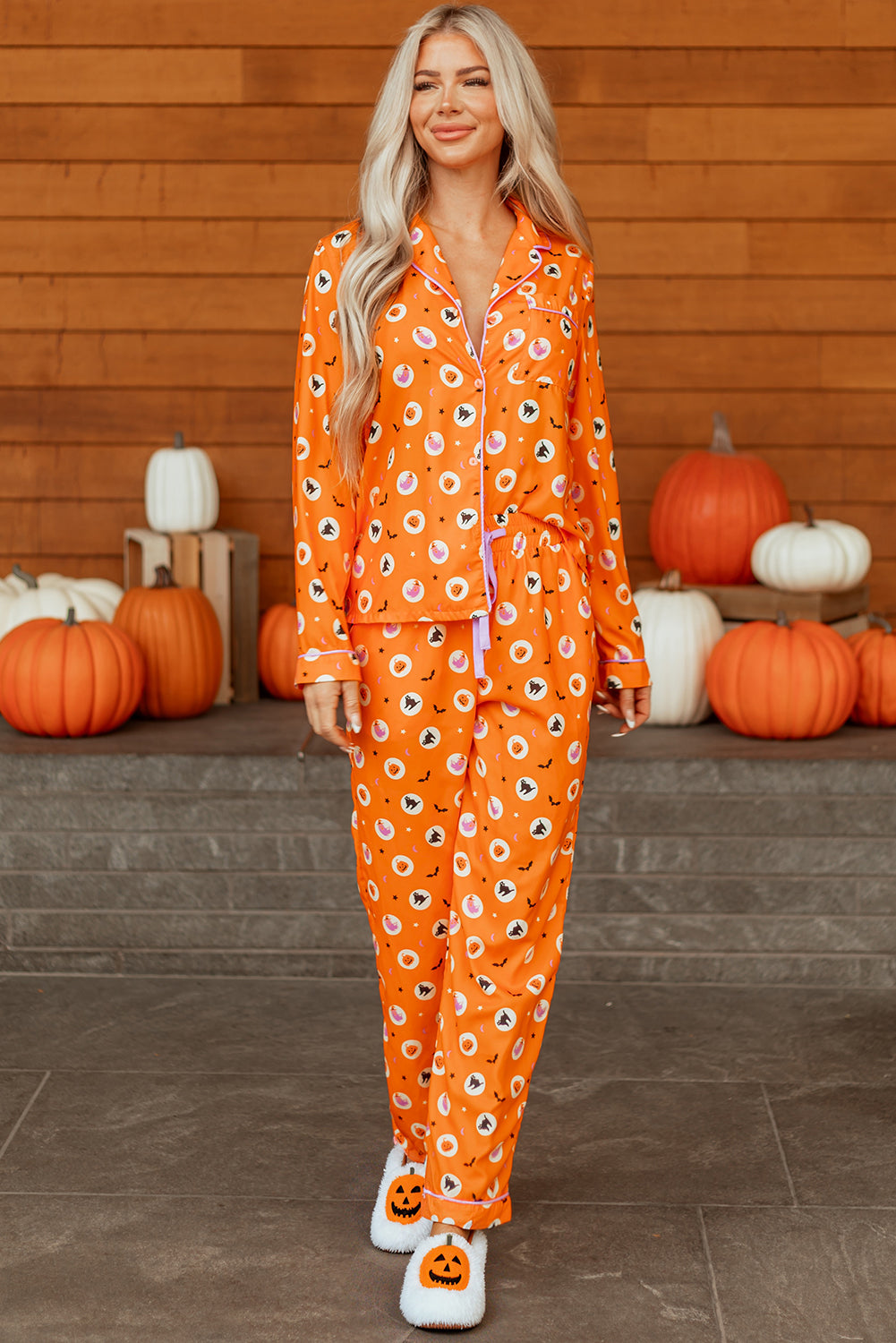 Women's Halloween Pumpkin Print Long Sleeve Pajama Set