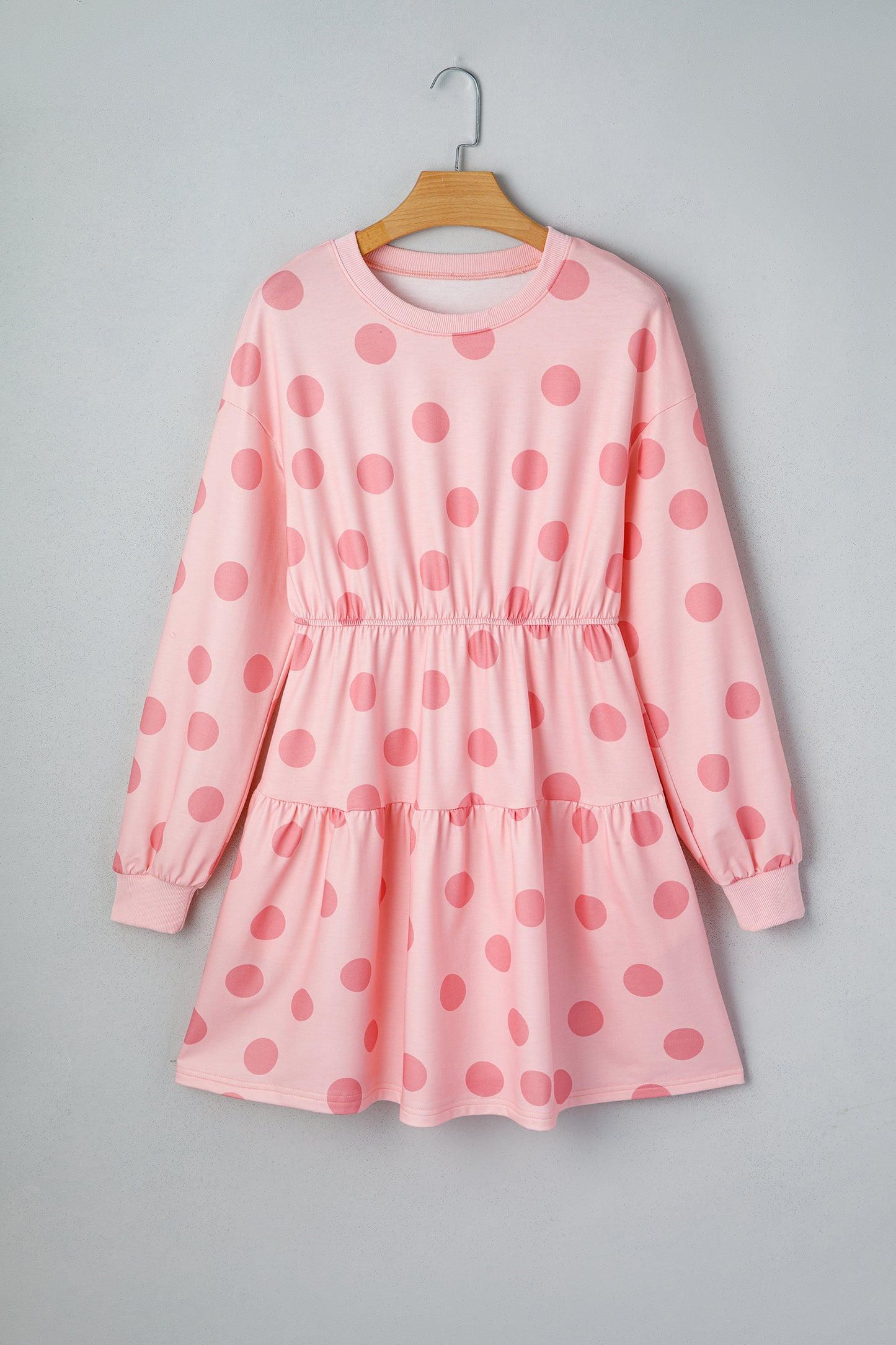 Pink Polka Dot Long Sleeve Tiered Mini Dress