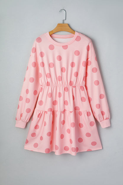Pink Polka Dot Long Sleeve Tiered Mini Dress
