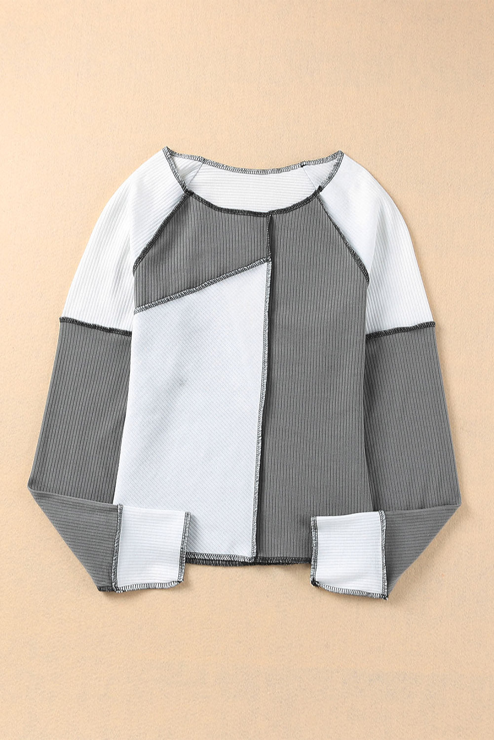 Irregular Color Block Rib Knit Long Sleeve Top