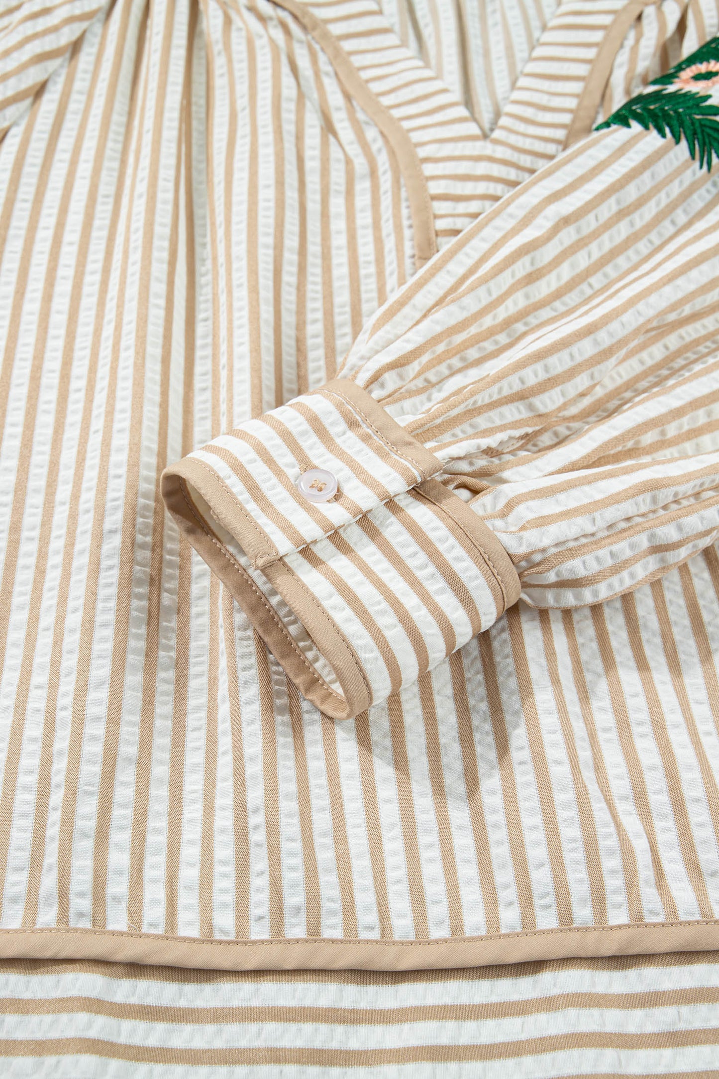 Stripe Floral Embroidered V Neck Blouse Women Long Sleeve