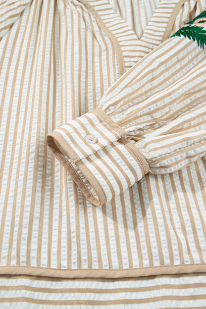 Stripe Floral Embroidered V Neck Blouse Women Long Sleeve