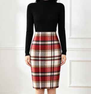 Women's Plaid High Waisted Midi Pencil Skirt Fall Winter