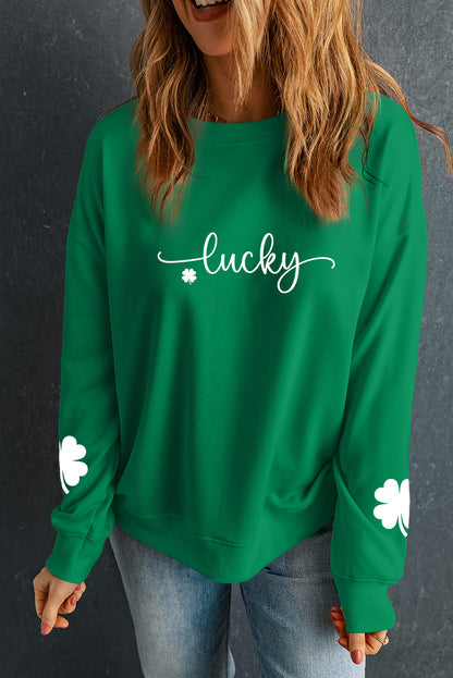 Green Lucky Clover Script St Patrick’s Drop Shoulder Sweatshirt