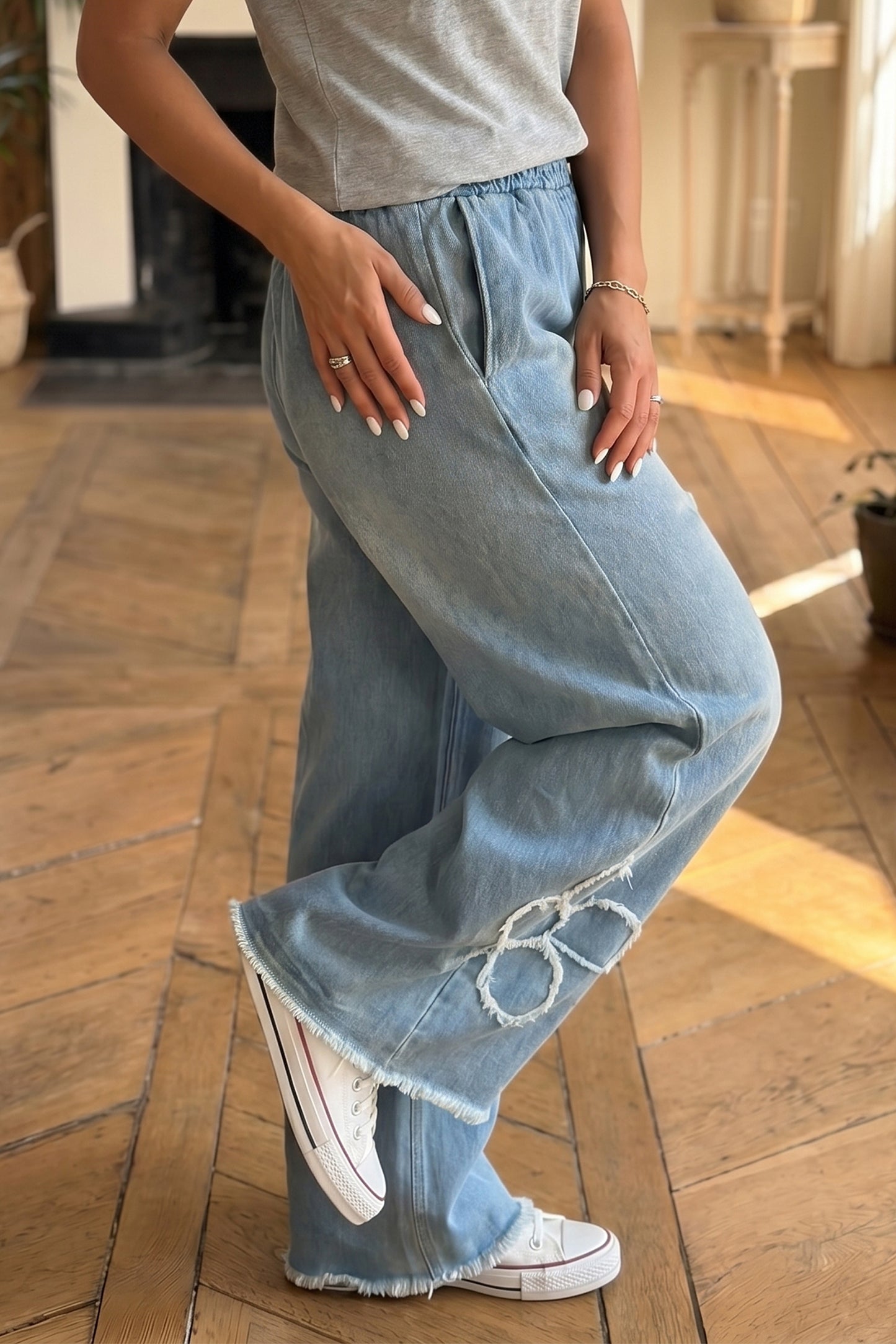 Floral Patch Denim Jeans Wide Leg Raw Hem Pants