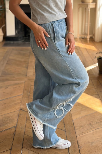 Floral Patch Denim Jeans Wide Leg Raw Hem Pants
