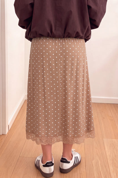 Khaki Polka Dot Lace Hem Elegant Long Shift Skirt