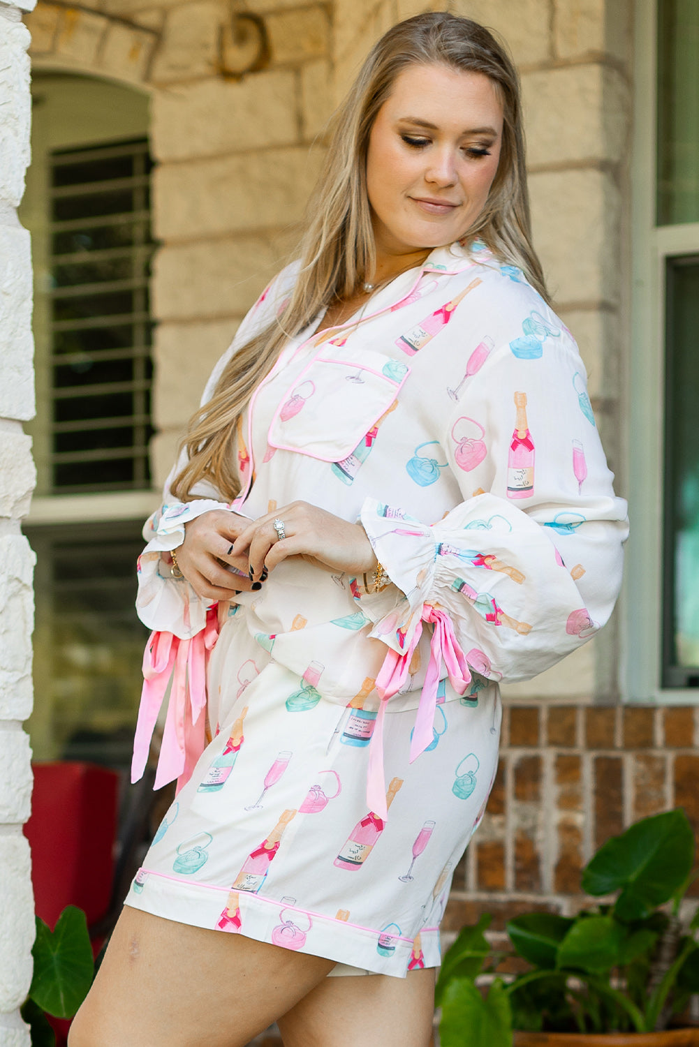 Valentine’s Day White Plus Size Wine Print Bow Pajama Set