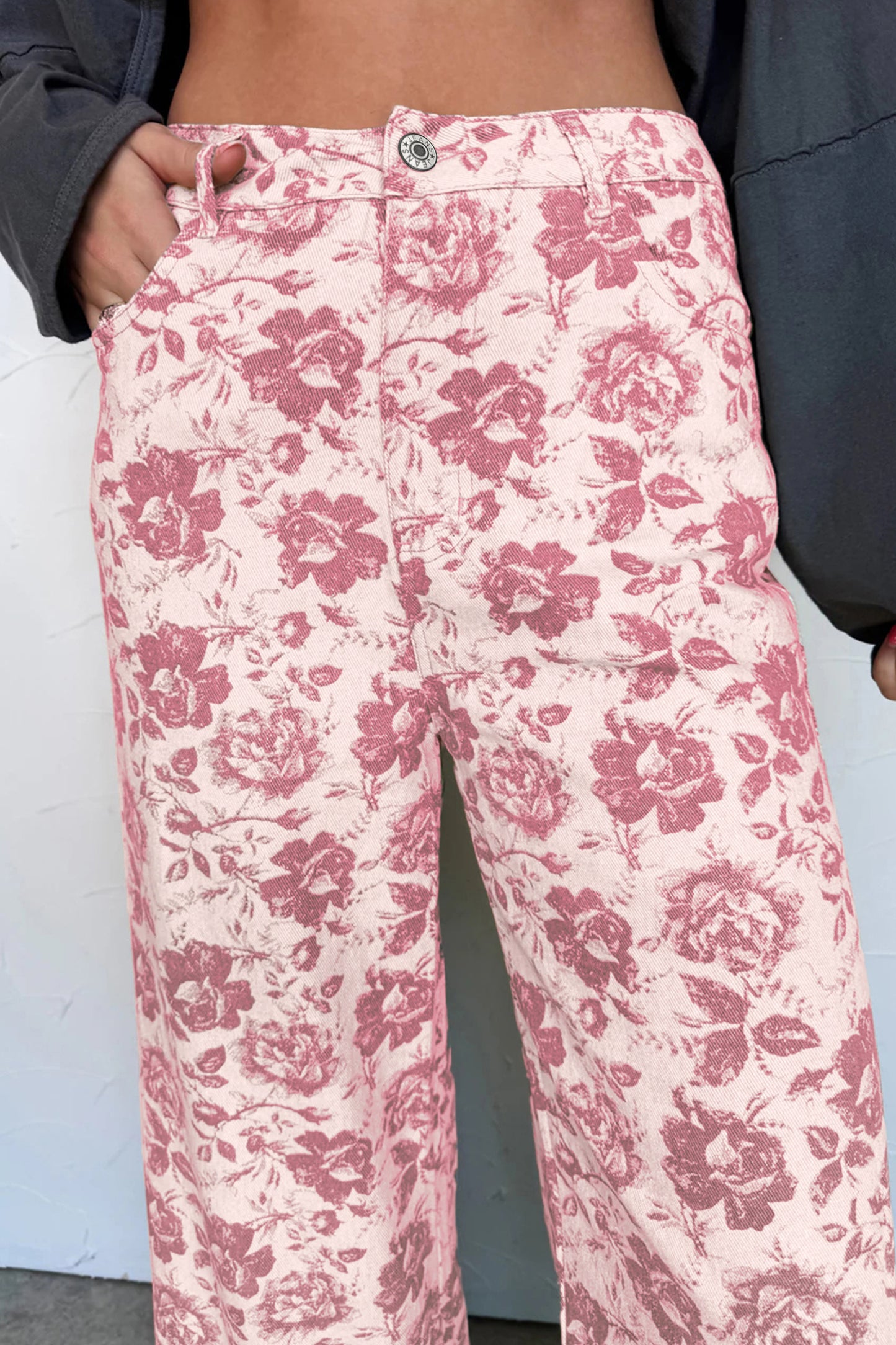 Pink Vintage Floral Print Wide Leg Denim Pants
