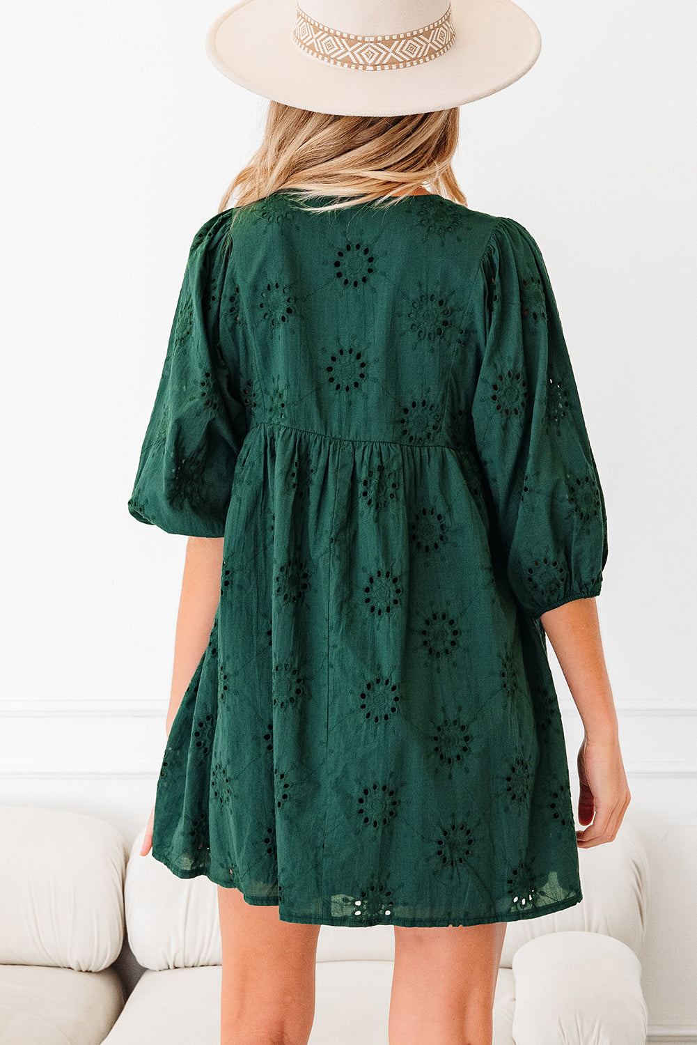 Green Eyelet Embroidered Puff Sleeve Babydoll Mini Dress