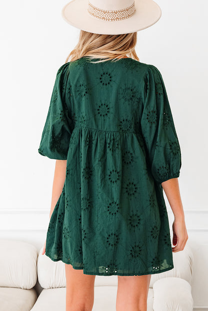 Green Eyelet Embroidered Puff Sleeve Babydoll Mini Dress