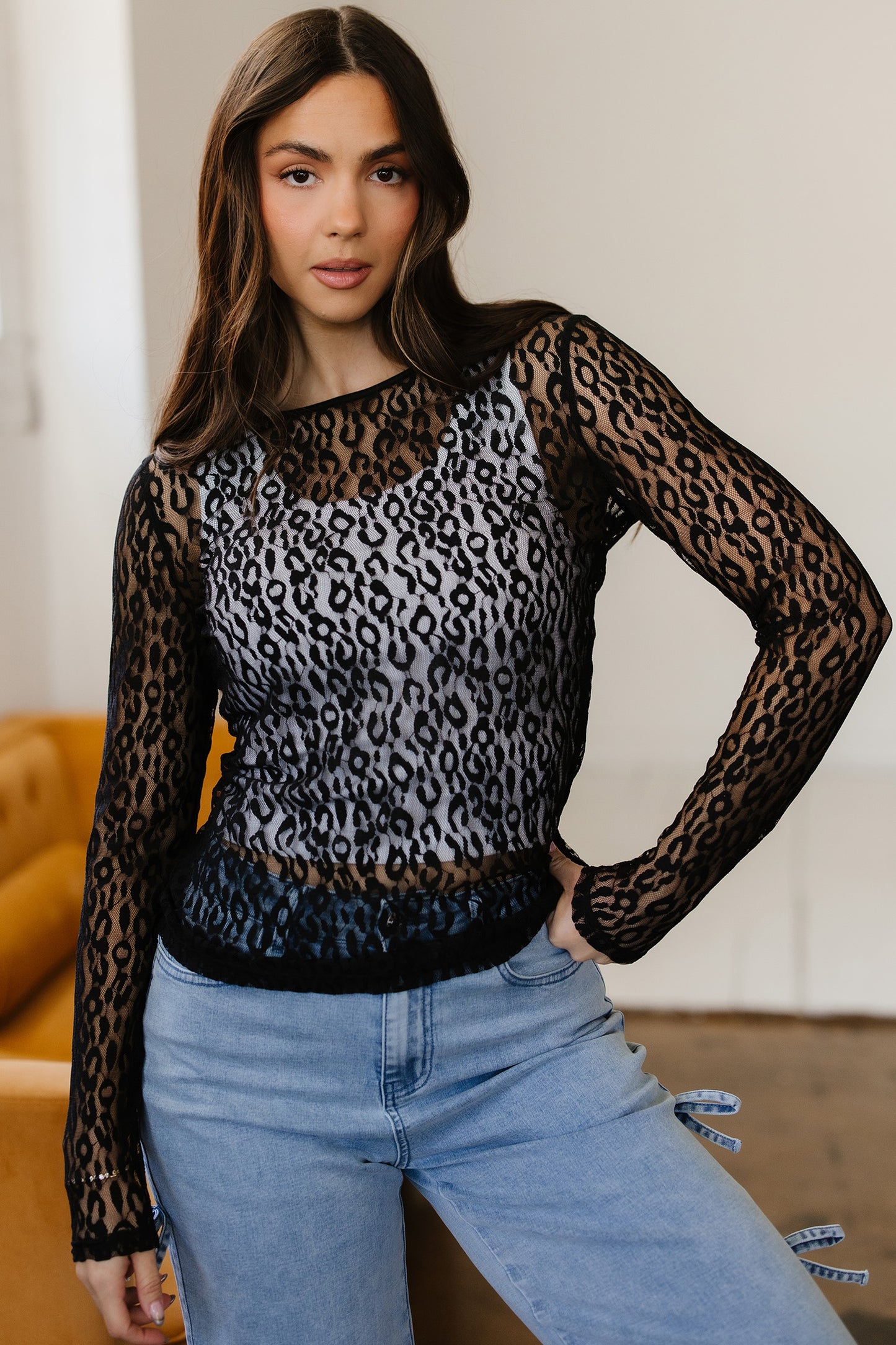 Leopard Mesh Long Sleeve Top Sheer Sexy Shirt Women